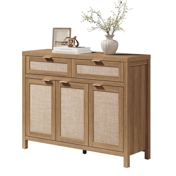 SICOTAS 43.5"W Large Rattan Sideboard Buffet Cabinet with 3 Doors & 2 Drawers – Oversized Boho Storage Credenza Cabinet with Adjustable Shelves for Living Room, Entryway, Kitchen,Natural Oak