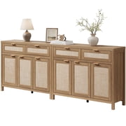 SICOTAS 43.5"W Boho Sideboard Buffet Set of 2 with 3 Rattan Doors & 2 Large Drawers –Farmhouse Buffet Cabinet with Adjustable Shelves & Sotrage for Living Room, Entryway, Kitchen,Natural Oak
