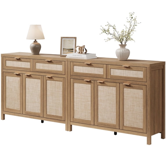 SICOTAS 43.5"W Boho Sideboard Buffet Set of 2 with 3 Rattan Doors & 2 Large Drawers –Farmhouse Buffet Cabinet with Adjustable Shelves & Sotrage for Living Room, Entryway, Kitchen,Natural Oak