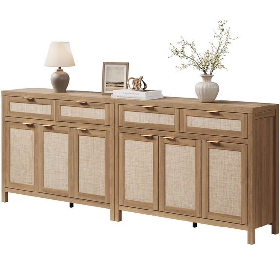 SICOTAS 43.5"W Boho Sideboard Buffet  Set of 2 with 3 Rattan Doors & 2 Large Drawers –Farmhouse Buffet Cabinet with Adjustable Shelves & Sotrage for Living Room, Entryway, Kitchen,Natural Oak