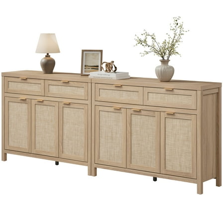 SICOTAS 43.5"W Farmhouse Sideboard Set of 2 with 3 Rattan Doors & 2 Large Drawers – Boho Storage Cabinet with Adjustable Shelves & Anti-Tip Kit for Living Room, Entryway, Kitchen,Light Oak