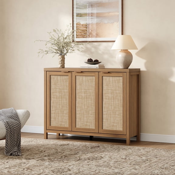 SICOTAS 43.5"W Sideboard Buffet Cabinet with 3 Rattan Accents Doors , Farmhouse Credenza Storage Cabinet with Adjustable Shelves, Boho Style, Reclaimed Caramel Oak