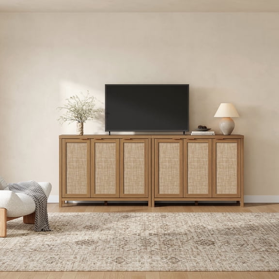 SICOTAS 43.5"W Sideboard Buffet Cabinet with 3 Rattan Accents Doors Set of 2, Farmhouse Credenza Storage Cabinet with Adjustable Shelves, Boho Style, Reclaimed Caramel Oak