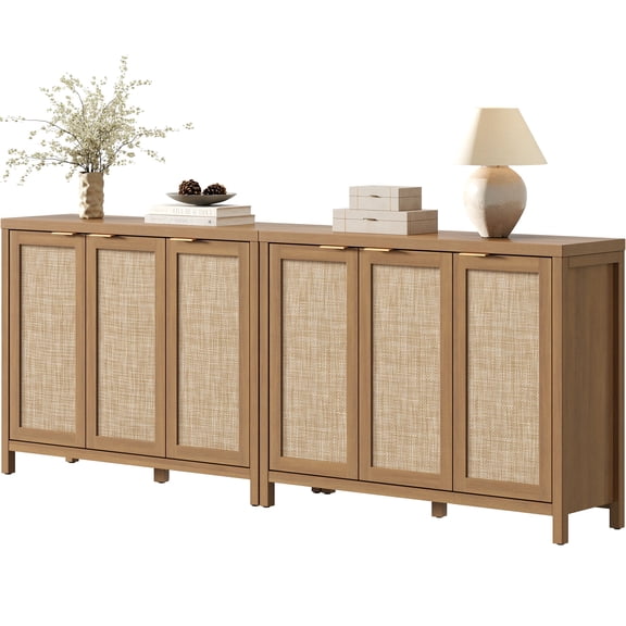 SICOTAS 43.5"W Sideboard Buffet Cabinet with 3 Rattan Accents Doors Set of 2, Farmhouse Credenza Storage Cabinet with Adjustable Shelves, Boho Style, Reclaimed Caramel Oak