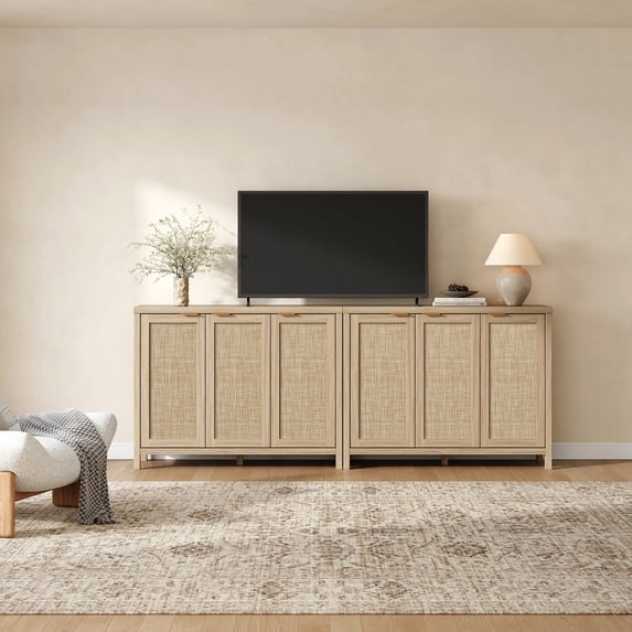 SICOTAS 43.5"W Sideboard Buffet Cabinet with 3 Rattan Accents Doors Set of 2, Farmhouse Credenza Storage Cabinet with Adjustable Shelves, Boho Style, Reclaimed Reclaimed Light Oak