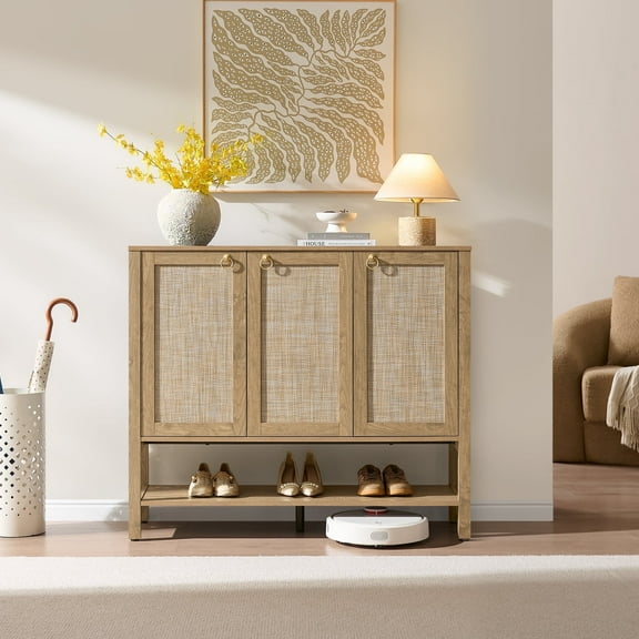 SICOTAS 45.59" Wide Shoe Storage Cabinet with 3 Doors, Large Boho Shoe Organizer with Adjustable Shelves for 30 Pairs Shoes,Wooden Shoe Storage Rack for Corridors Foyers Living Room