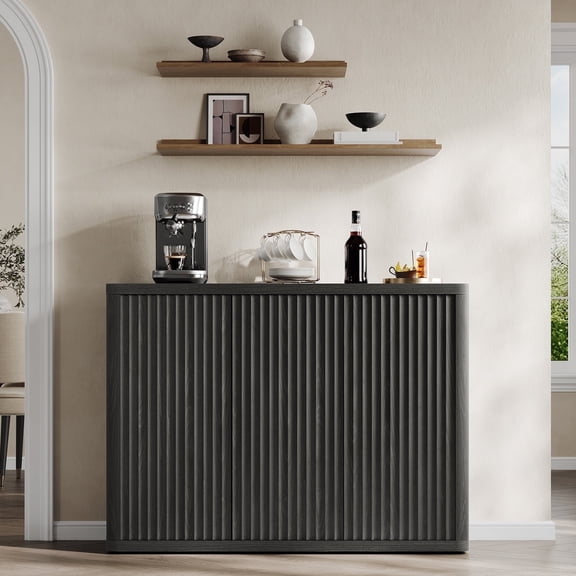 SICOTAS 46.7" Fluted Sideboard Cabinet with 3 Doors, Kitchen Buffet Storage Cabinet with Adjustable Shelves, Modern Credenza Coffee Bar Station for Ding Room, Living Room, Black Alder