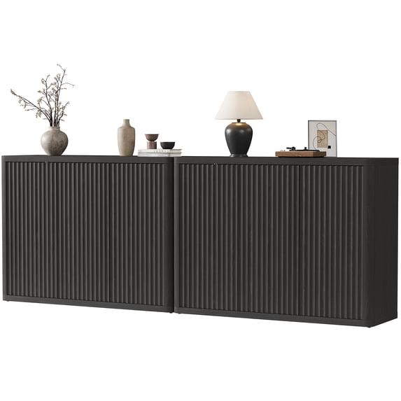 SICOTAS 46.7" Wide 3-Door Storage Cabinet Set of 2- Large Sideboard with Wave Panel Doors & Adjustable Shelves Push-to-Open Design Credenza for Living Room Ding Room and Entryway,Black Alder