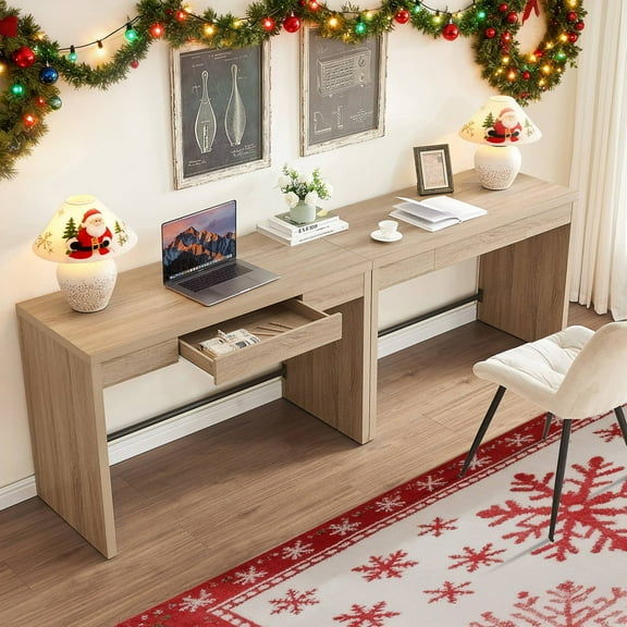 SICOTAS 47.4 inch Computer Desk with Drawer, Wood Writing Desk Set of 2, Small Study Table for Home Office in Light Oak