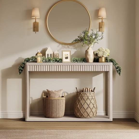 SICOTAS 47" Fluted Console Table, Narrow Entryway Table with Open Storage Shelves, Modern 2-Tier Sofa Table, Curved Couch Table for Living Room, Hallway, Entryway, Light Grey Alder