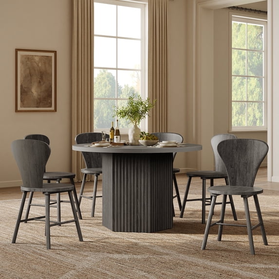 SICOTAS 47" Modern Round Dining Table&Chair Set for 4-6, Hexagonal Stable Base, Stain-Resistant Easy-Clean Finish, Space-Saving for Kitchen, Living Room,Dark Grey Alder