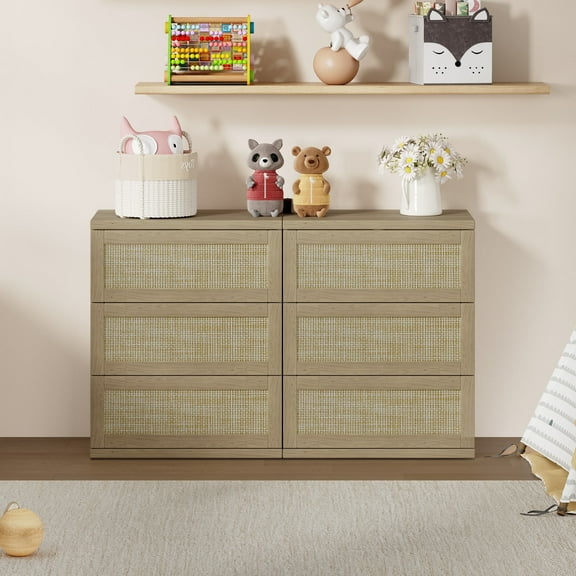 SICOTAS 49.8" W 6-Drawer Rattan Dresser for Bedroom, Farmhouse Modular Dresser with Pop-Up Drawers and Adjustable Feet Extra Long Modern Dresser, Amber Oak
