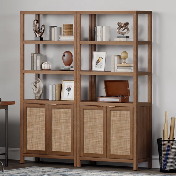 SICOTAS 71" Tall Bookcase with Doors, Boho 5 Tier Rattan Bookshelf Set of 2, Mid-Century Bookcase with Storage Cabinet for Living Room, Bedroom, Library & Home Office in Oak
