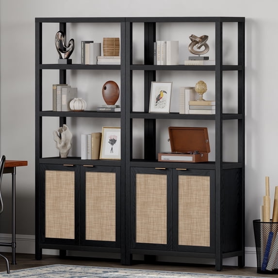 SICOTAS 71" Tall Bookcase with Doors, Boho 5 Tier Rattan Bookshelf Set of 2, Mid-Century Bookcase with Storage Cabinet for Living Room, Bedroom, Library & Home Office in Black Oak