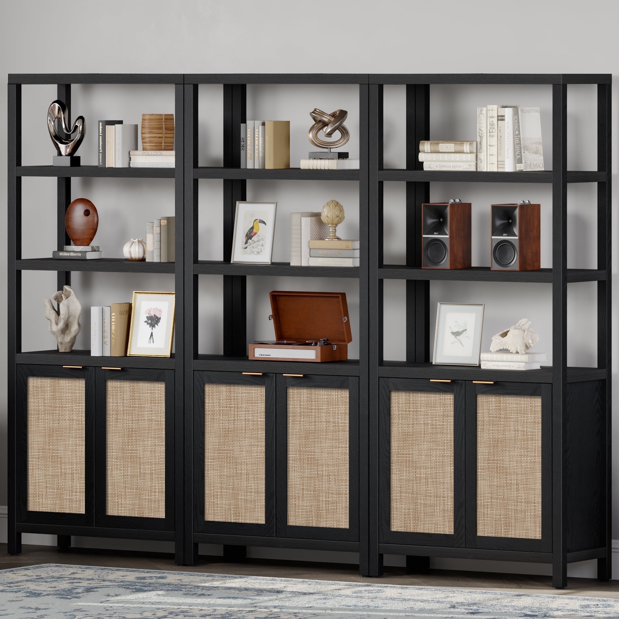 SICOTAS 71" Tall Bookcase with Doors, Boho 5 Tier Rattan Bookshelf Set of 3, Mid-Century Bookcase with Storage Cabinet for Living Room, Bedroom, Library & Home Office in Black Oak