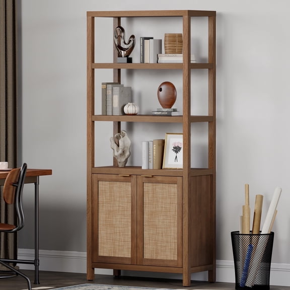 SICOTAS 71" Tall Bookcase with Doors, Boho 5 Tier Rattan Bookshelf, Mid-Century Bookcase with Storage Cabinet for Living Room, Bedroom, Library & Home Office in Oak