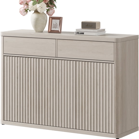 SICOTAS 50.15" W TV Cabinet,Oversized Credenza with Sleek Curve Profile & Unique Waveform Panel, Spacious Storage with Large Drawers & Adjustable Shelves, White Alder