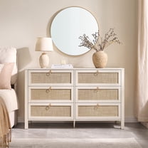 SICOTAS 51.14" Wide 6-Drawer Rattan Dresser, White Boho Chest of Drawers with Gold Handle for Bedroom, Coastal Bedroom Furniture White Oak Dressers for Bedroom