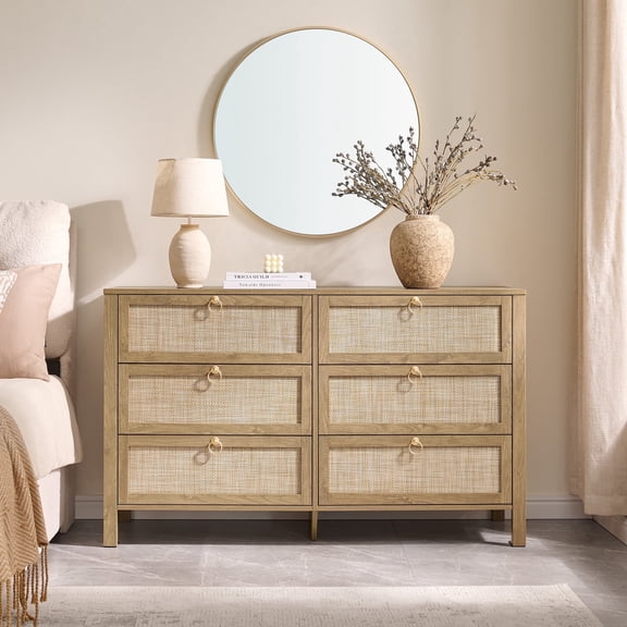 SICOTAS 51.14" Wide 6-Drawer Rattan Dresser, Large Boho Chest of Drawers with Gold Handle for Bedroom, Coastal Bedroom Furniture Set in Cherry Oak