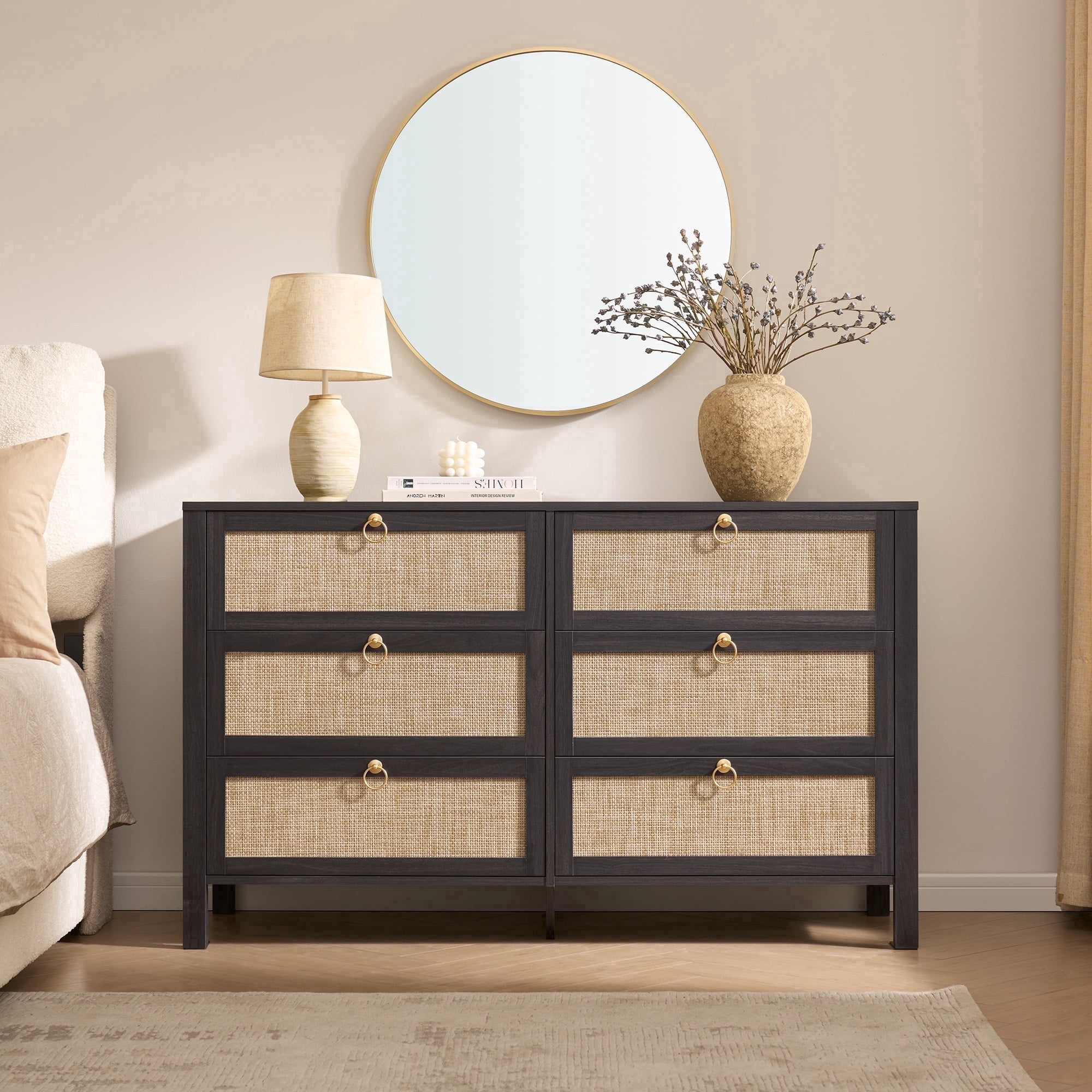 SICOTAS 51.14" Wide 6-Drawer Rattan Dresser, Large Boho Chest of Drawers with gold handle for Bedroom, Coastal Bedroom Furniture Set in Blacklack Oak
