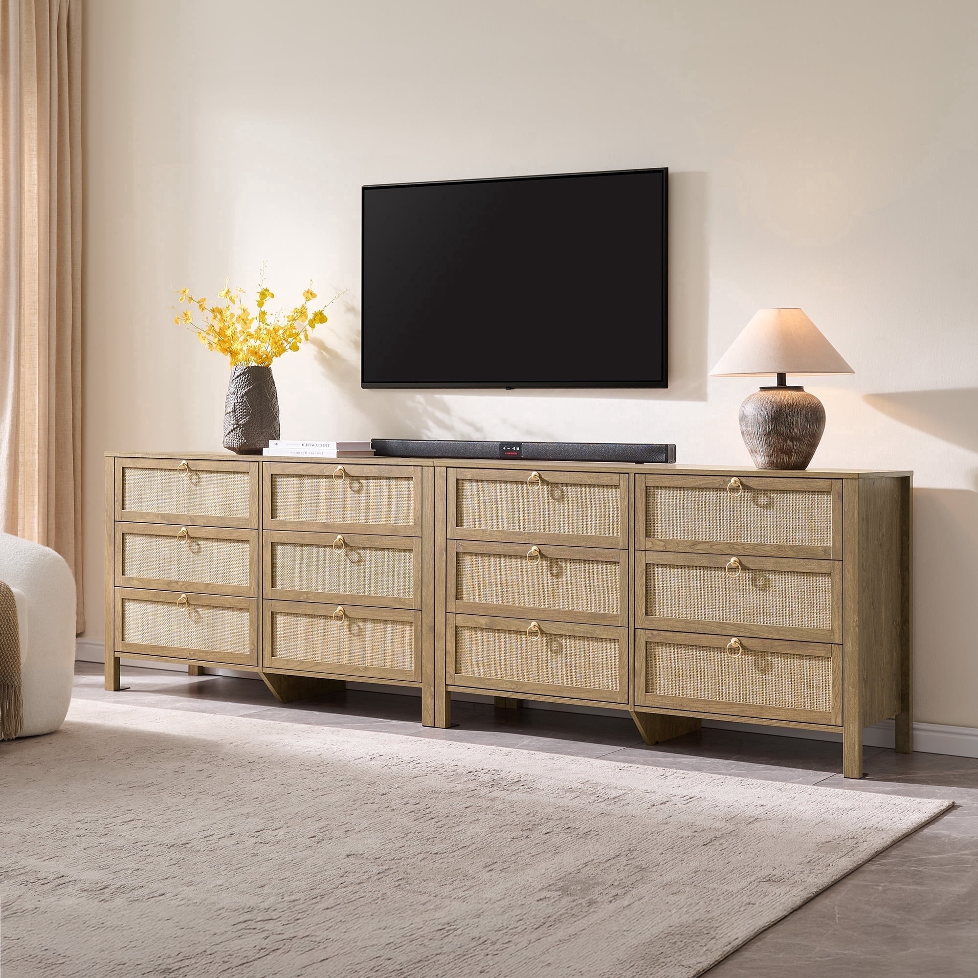 SICOTAS 51.14" Wide 6-Drawer Rattan Dresser Set of 2, Long Boho Chest of Drawers with Gold Handle for Bedroom, Coastal Bedroom Furniture in Cherry Oak