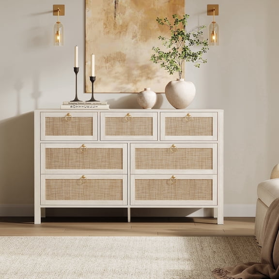 SICOTAS 51.18" Wide Boho Dresser with 7 Storage Drawers,Rattan Chest of Drawer for Bedroom, Large Capacity Organizer TV Center for Living Room in White Cream Oak