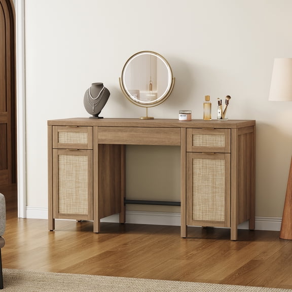 SICOTAS 52.1"W Boho Desk with Drawers & Rattan Accent – Farmhouse Writing Desk with Adjustable Shelf & Soft Close Door – Home Office Computer Desk – Reclaimed Caramel Oak