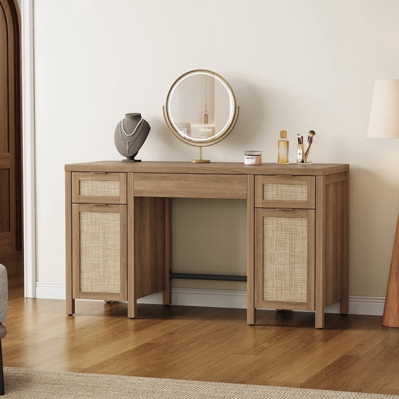 SICOTAS 52.1"W Boho Desk with Drawers & Rattan Accent – Farmhouse Writing Desk with Adjustable Shelf & Soft Close Door – Home Office Computer Desk – Reclaimed Caramel Oak