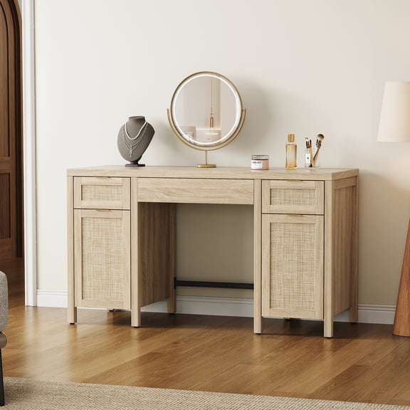 SICOTAS 52.1"W Boho Desk with Drawers & Rattan Accent – Farmhouse Writing Desk with Adjustable Shelf & Soft Close Door – Home Office Computer Desk – Reclaimed Light Oak