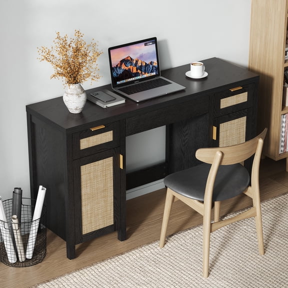 SICOTAS 52" Rattan Computer Desk with 3 Drawers & 2 Storage Cabinets, Boho Executive Desk, Modern Writing Desk for Home Office Bedroom, Black