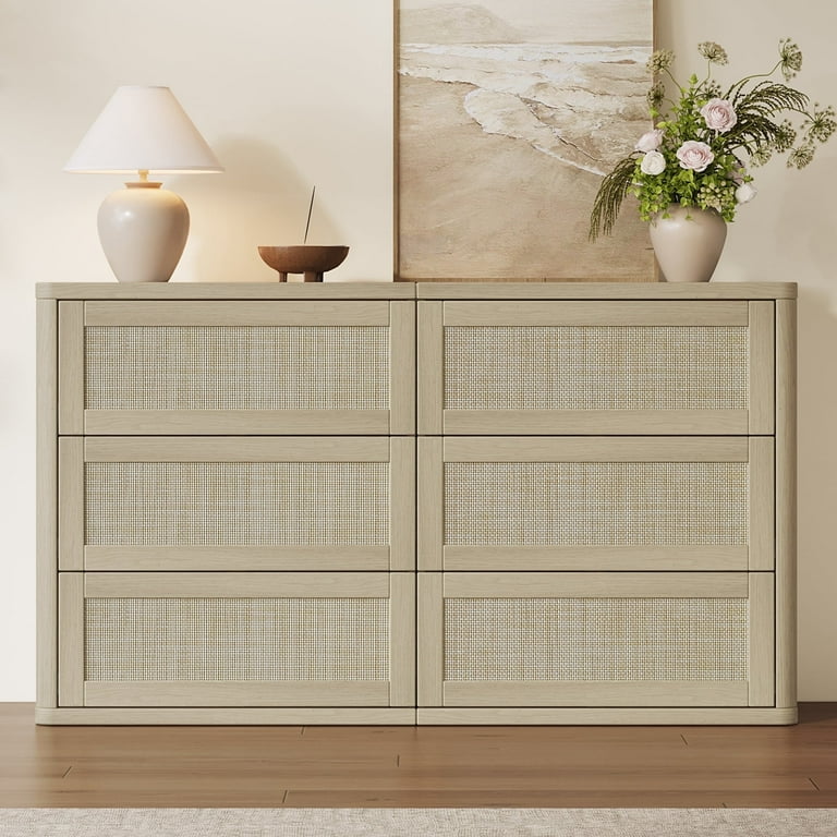SICOTAS 103.4" Wide 12 Drawer Modular Rattan Dresser,Extra Long Dresser  with Rattan Chric & Pop-up Drawers for Bedroom Living Room, Amber Oak