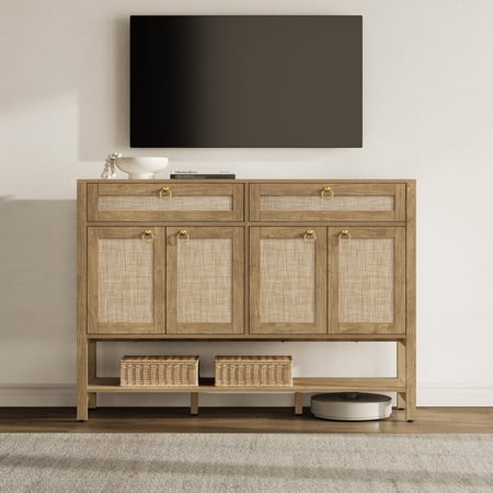 SICOTAS 54.9"W Oversized Boho Sideboard Buffet Cabinet–Farmhouse Credenza Storage Cabinet with Adjustable Shelves&Rattan Charm for Kitchen Living Room,Cherry Oak