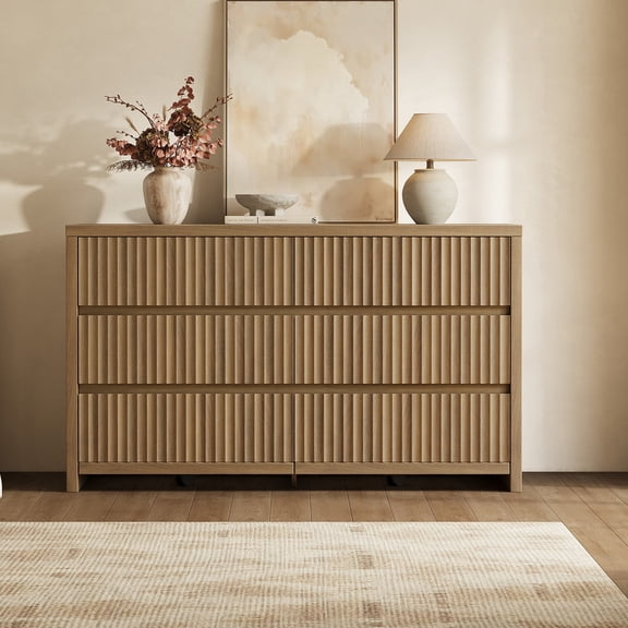 SICOTAS 55.2 " Wide 6 Drawer Dresser for Bedroom, Modern Fluted Chest of Drawers with Large Capacity Storage & Smooth-Glide, Wood Storage Cabinet for Living Room, Oak