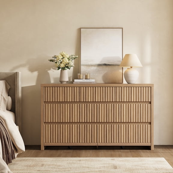 SICOTAS 55.2" Wide Wood Dresser with 7 Fluted Drawers, Modern Chest of Drawers, Storage Cabinet Organizer for Bedroom, Living Room, Closet, Oak