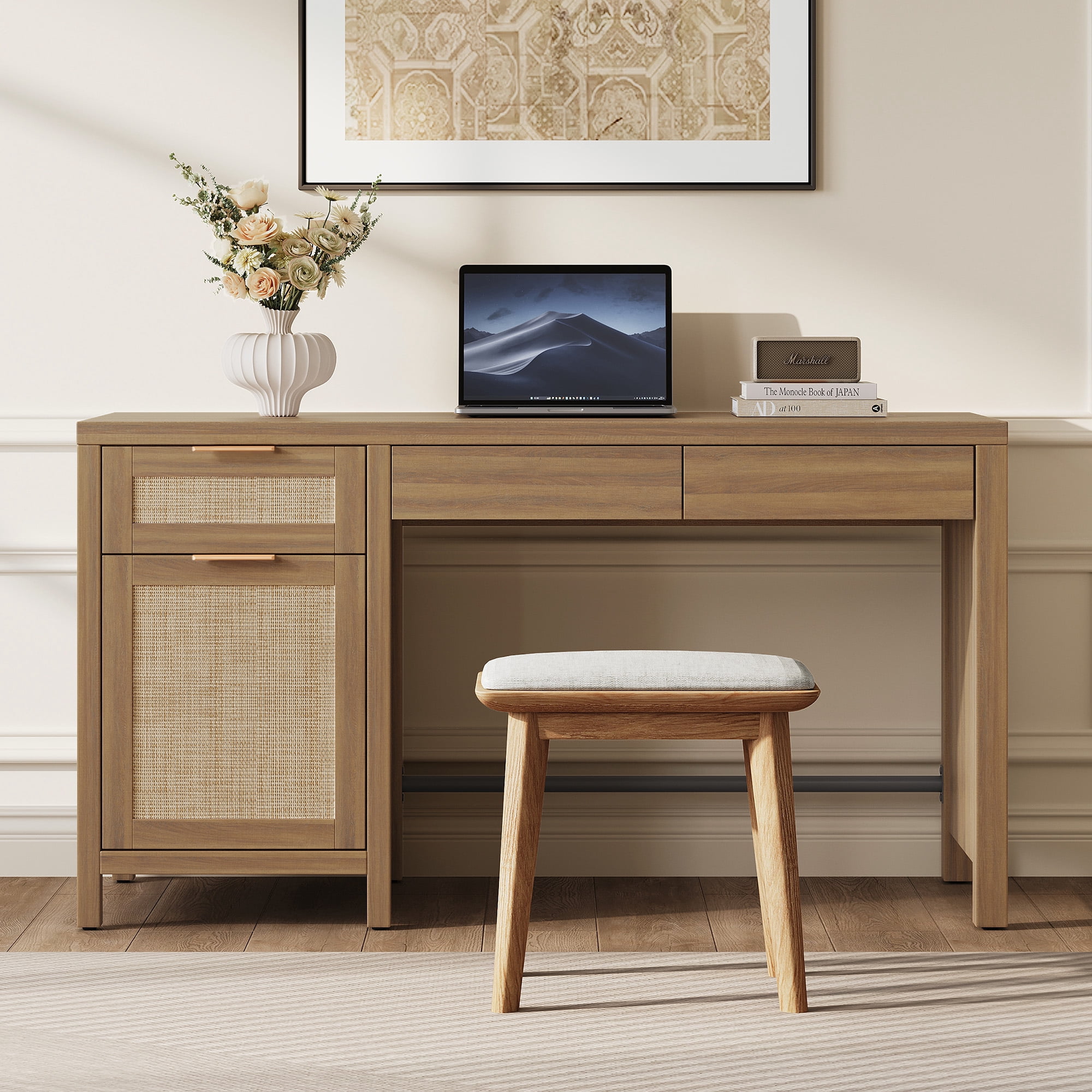 SICOTAS 55" Wide Farmhouse Writing Desk with Rattan Decor & Hidden Drawers–Spacious Desktop for Dual Monitors, Adjustable Shelf, Sturdy Engineered Wood, Boho Style for Home Office or Vanity