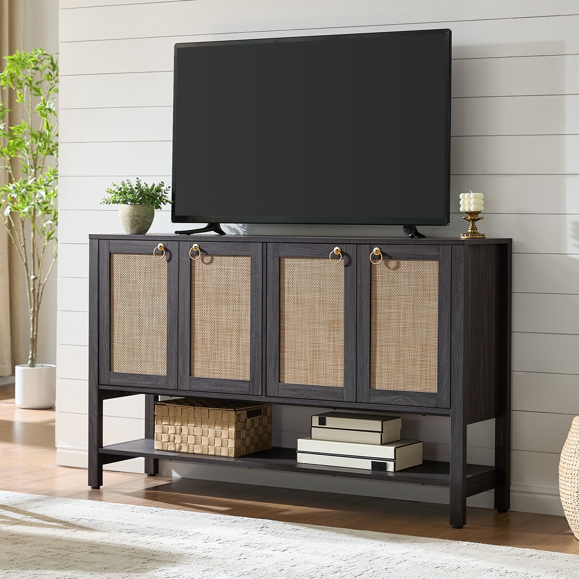 SICOTAS 55 Inch Wide TV Stand for 55 65 Inch TV, Rattan Media Console ...