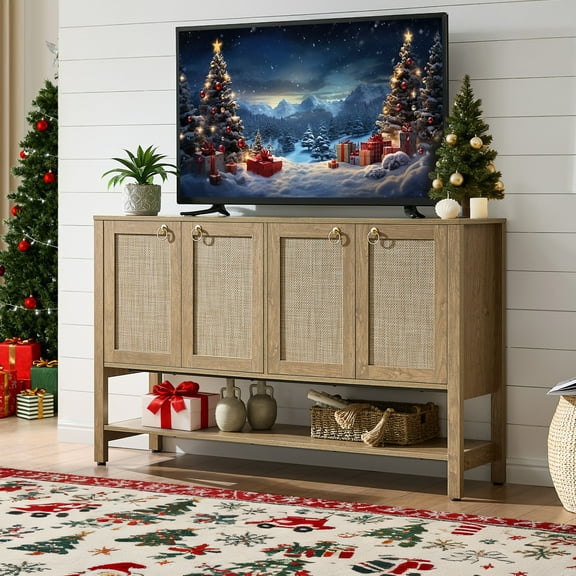 SICOTAS 55 Inch  Wide TV Stand for 55 65 Inch TV, Rattan Media Console Cabinetwith 4 Doors & Adjustable Shelves, Boho Chic Storage Enterment Cente for Living Room,Cherry Oak
