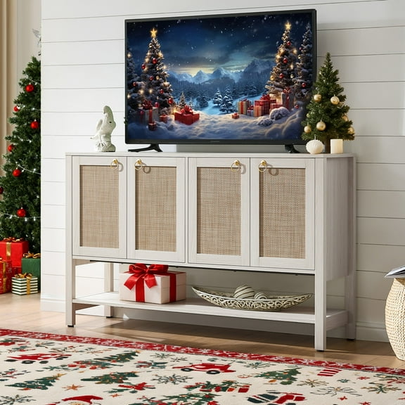 SICOTAS 55 Inch  Wide TV Cabinet for 55 65 Inch TV, Rattan Media Console Cabinet with 4 Doors & Adjustable Shelves, Boho Enterment Center for Living Room, Cream White