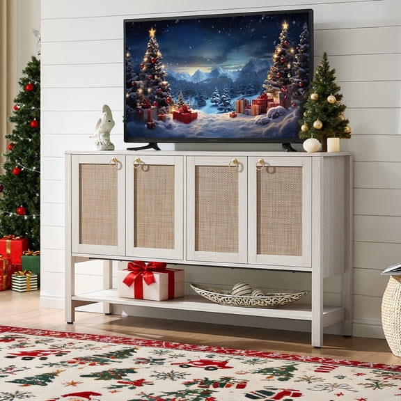 SICOTAS 55 Inch Wide TV Stand for 55 65 Inch TV, Rattan Media Console Cabinet with 4 Doors & Adjustable Shelves, Boho Enterment Center for Living Room, Cream White