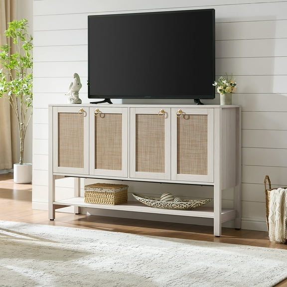 SICOTAS 55 Inch  Wide TV Stand for TVs up to 65", Rattan Media Console with 4 Doors & Adjustable Shelves, Boho Chic Storage Cabinet for Living Room, Boho Entertainment Center,White Oak