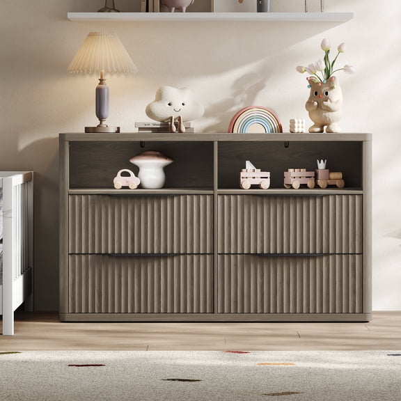 SICOTAS 56.5" Wide Dresser with 4 Large Drawers,Chest of Drawers with Fluted Drawer&Sleek Curve Profile- Sturdy Storage Chest TV Consle for Bedroom, Living Room, Gray Alder