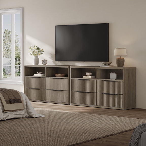 SICOTAS 56.5" Wide Dresser with 4 Large Drawers Set of 2,Chest of Drawers with Fluted Drawer&Sleek Curve Profile- Sturdy Storage Chest TV Consle for Bedroom, Living Room, Gray Alder
