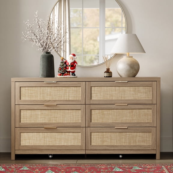 SICOTAS 56.85" 6 Drawer Tall Dressers,Rattan Dresser with Large Storage Space Boho Dressers & Chests of Drawer Wooden Dressers for Bedroom,Light Oak