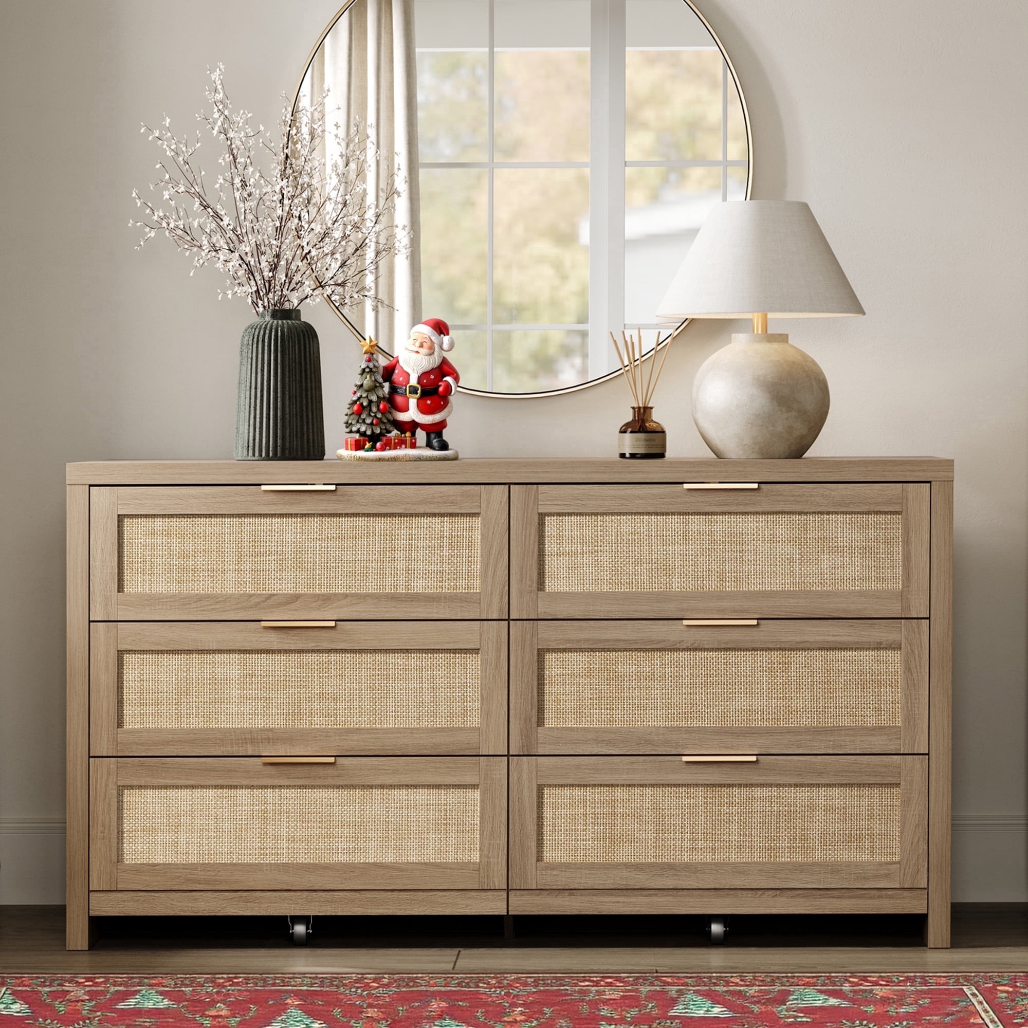 light wood boho dresser Elio Rattan 6 Drawer Dresser with Brass Knob, Blonde