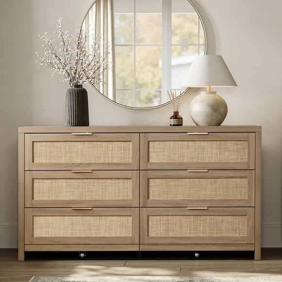 SICOTAS 56.85" Wide 6 DrawerBoho Dressers,Rattan Dresser with Large Storage Space Light Oak Dressers & Chests of Drawer Engineered Wooden Dressers for Bedroom,