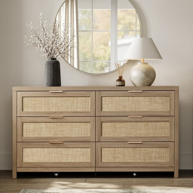 SICOTAS 56.85" Wide 6 DrawerBoho Dressers,Rattan Dresser with Large Storage Space Light Oak Dressers & Chests of Drawer Engineered Wooden Dressers for Bedroom,