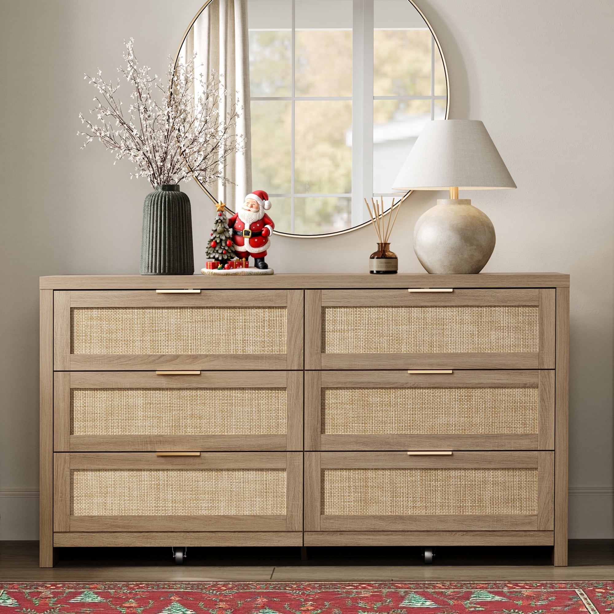 SICOTAS 56.85" 6 Drawer Tall Dressers,Rattan Dresser with Large Storage Space Boho Dressers & Chests of Drawer Wooden Dressers for Bedroom,Light Oak