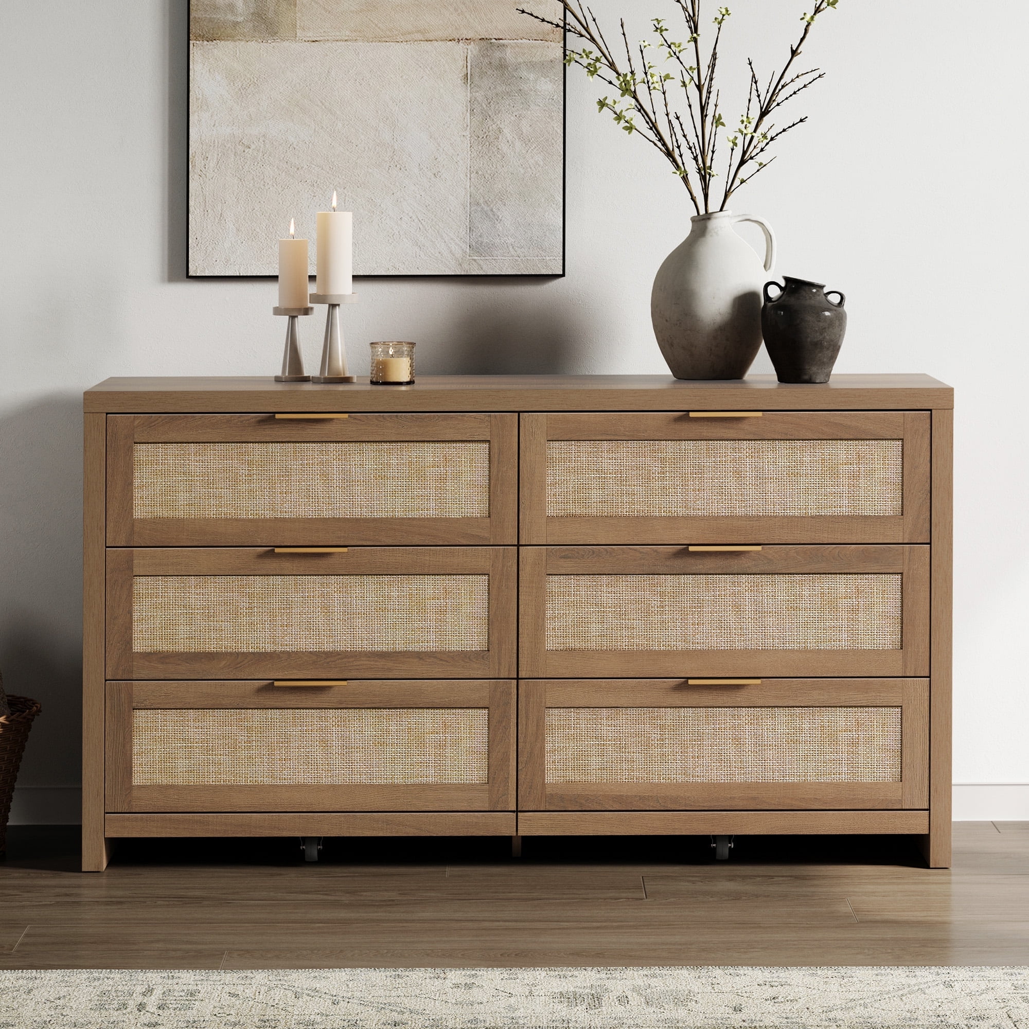 SICOTAS 56.85" 6 Drawer Dresser,Rattan Dresser with Storage,Boho Dressers &  Chests of Drawers Wooden Tall Dresser for Bedroom - Walmart.com