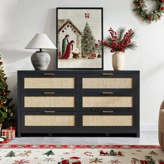 SICOTAS 56.85" 6 Drawer Tall Dressers,Rattan Dresser with Large Storage Space Boho Dressers & Chests of Drawer Wooden Dressers for Bedroom,Black Oak