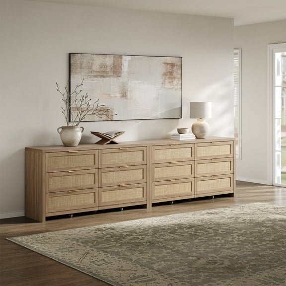 SICOTAS 56.85" 6 Drawer Tall Dressers Set of 2,Rattan Dresser with Large Storage Space Boho Dressers & Chests of Drawer Wooden Dressers for Bedroom,Light Oak